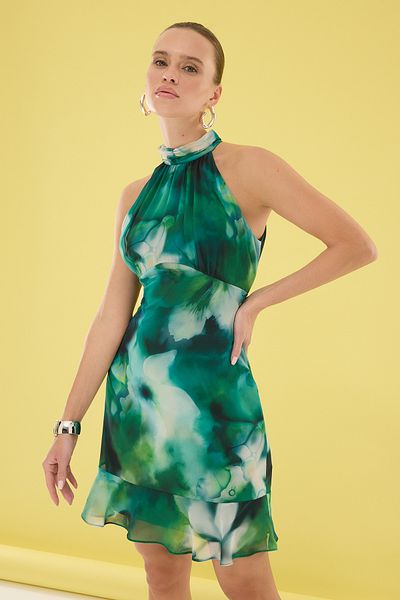 Trendyol Collection Πράσινο φλοράλ Μίνι υφαντό φόρεμα με βολάν σε γραμμή Α TWOSS23EL02293