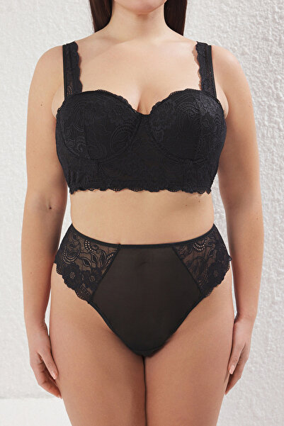Trendyol Curve Чорний бюстгальтер з кісточками та мереживом, фіксований, великий розмір, комплект нижньої білизни TBBSS25DG00002