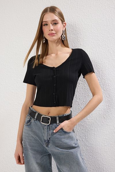 Trendyol Collection Εύκαμπτη μπλούζα μαύρη με ραβδώσεις - λαιμόκοψη πισίνας, πατιλέτα, TWOSS24BZ00364