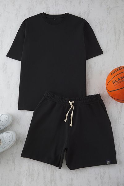 Trendyol Collection Μαύρο Oversize Χοντρό 100% Βαμβακερό Σετ Σορτς Φούτερ