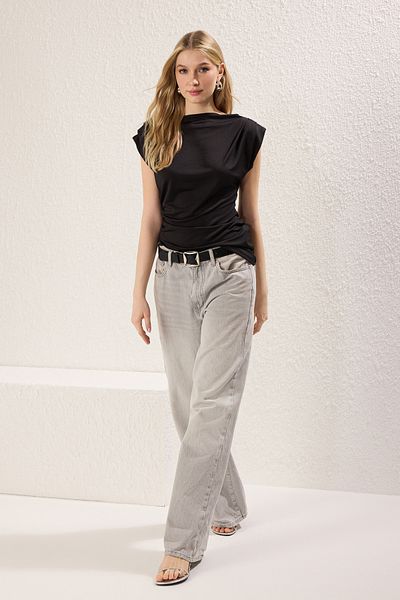Trendyol Collection Μαύρη ντραπέ, επένδυση, ελαστική πλεκτή μπλούζα με κουμπωτά TWOSS25BZ00174