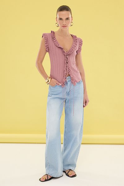 Trendyol Collection Πλεκτό Dusty Rose Ruffle Λεπτή μπλούζα TWOSS25BZ00313