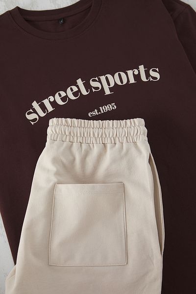 Trendyol Collection Brown-Stone 2-Piece Tracksuit Set Oversize/Wide Cut 100% Cotton Shorts - T-Shirt