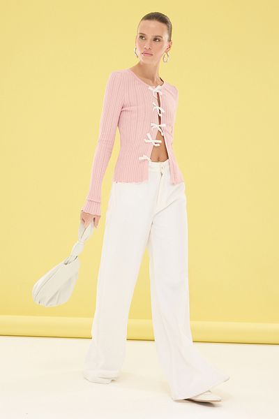 Trendyol Collection Powder Premium Knitwear Cardigan - Ribbon, Custom Yarn Twoss25Hi00012