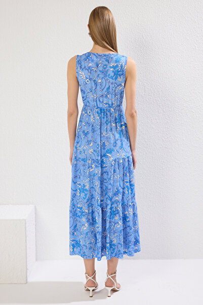 Trendyol Collection Синя сукня максі з візерунком Sal з V-подібним вирізом і без рукавів ALine Orme TWOSS22EL1588