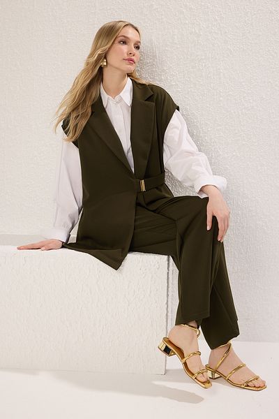 Trendyol Modest Khakifarbene Weste und Hose, gewebtes Oberteil und Unterteil
