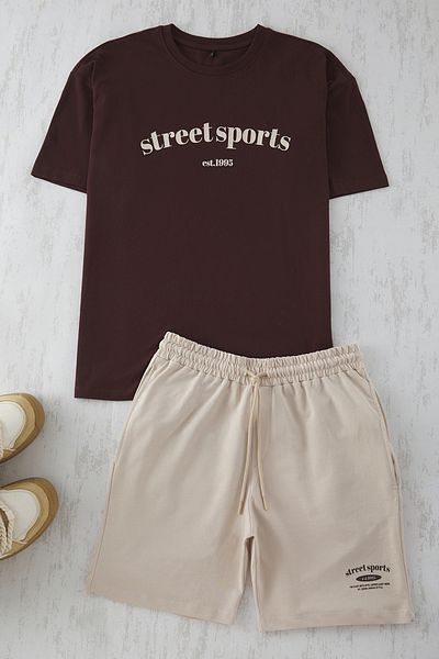 Trendyol Collection Brown-Stone 2-Piece Tracksuit Set Oversize/Wide Cut 100% Cotton Shorts - T-Shirt