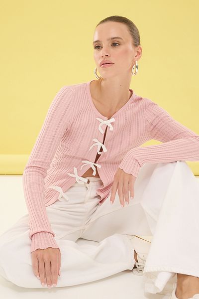 Trendyol Collection Powder Premium Knitwear Cardigan - Ribbon, Custom Yarn Twoss25Hi00012