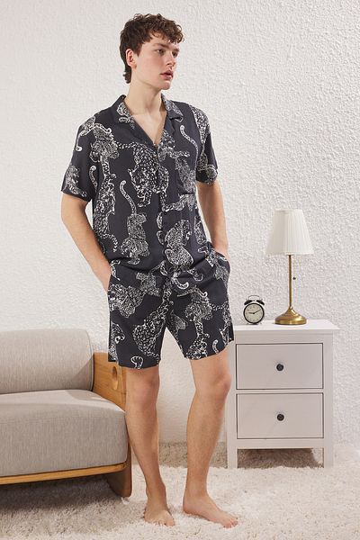 Trendyol Collection Black Regular Fit Printed Woven Shorts Pajamas Set Tmnss25Pt00027