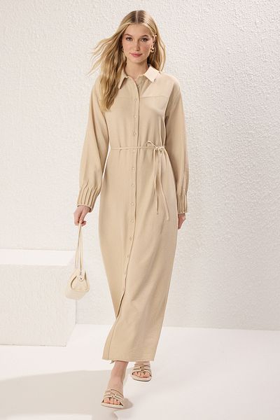 Trendyol Modest Beigefarbenes, gewebtes Kleid im Leinen-Look TCTSS25EB00093