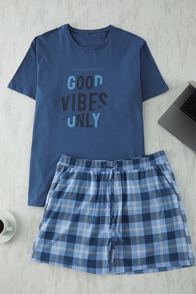 Trendyol Collection Sada pyžama modrých kostkovaných kraťasů Plus Size - Tmnss25Ai00002