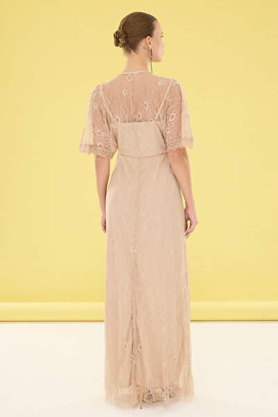 Trendyol Collection Beige Maxi Stylish Lace Evening Dress - A-Cut Homecoming Dress Tprss25Ae00059
