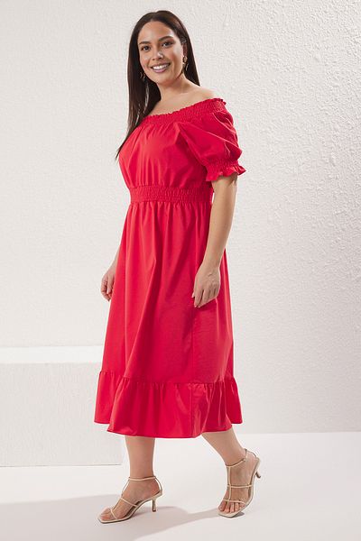 Trendyol Curve Pomegranate Flower Woven Gathered Carmen Collar Dress Tbbss22El1633