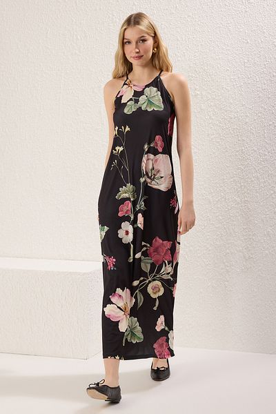 Trendyol Collection Πράσινο φλοράλ εμπριμέ γιακά ελαστικό πλεκτό μάξι φόρεμα TWOSS24EL00558