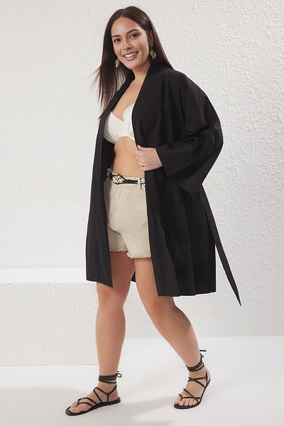 Trendyol Curve Plus Size Black Belted 100% Cotton Kimono & Kaftan - Tbbss25De00000