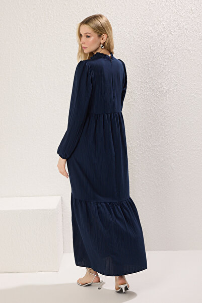 Trendyol Modest Sötétkék állógallér, ráncos, széles szabású szőtt ruha TCTSS22EB00171