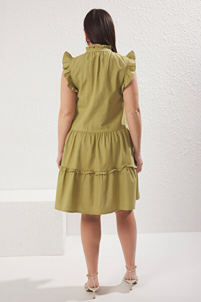 Trendyol Curve Χακί*001 Υφαντό Φόρεμα Plus Size με λινό look