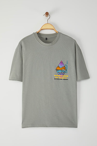 Trendyol Collection Oversize Gray Fluffy Printed Cotton T-Shirt - Tmnss23Ts00316