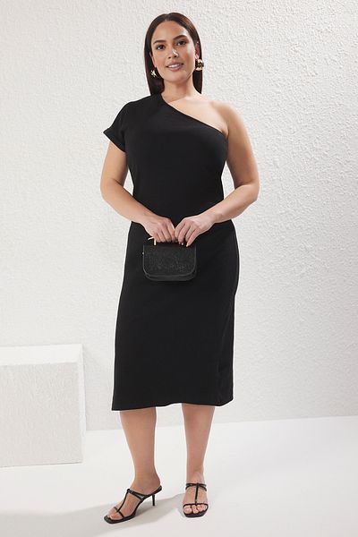 Trendyol Curve Μαύρο Πλεκτό Καμισόλ Φόρεμα Plus Size