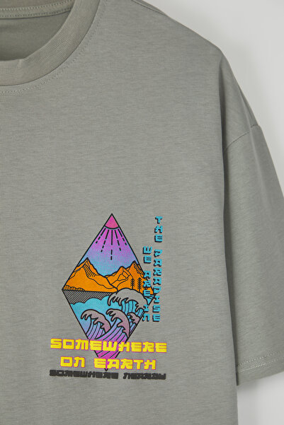 Trendyol Collection Oversize Gray Fluffy Printed Cotton T-Shirt - Tmnss23Ts00316