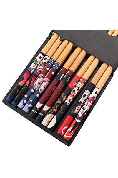 Choice 5Pirs Cat Reusable 5Pairs Tableware Handmade Bamboo Japanese Natural Wood Chopsticks Sushi Food Cat