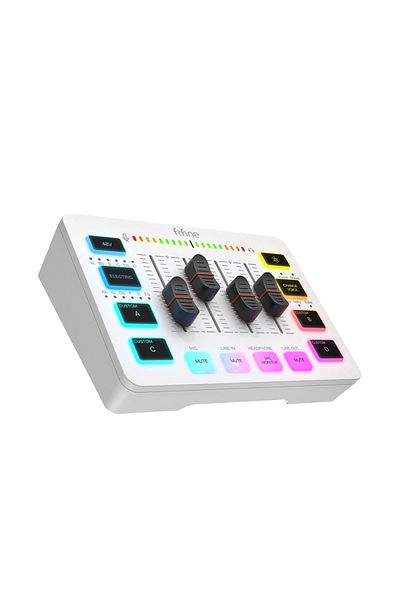 Fifine خلاط صوت للألعاب من WHITE FIFINE، خلاط RGB بـ 4 قنوات مع واجهة ميكروفون XLR، للألعاب