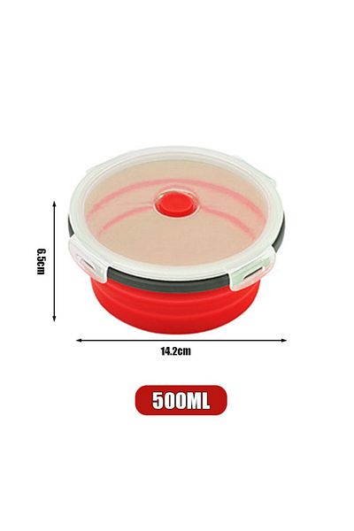 PGY Red-500ml Round Silicone Folding Lunch Box Microwave Folding Bowl Portable Folding Food Container Bo