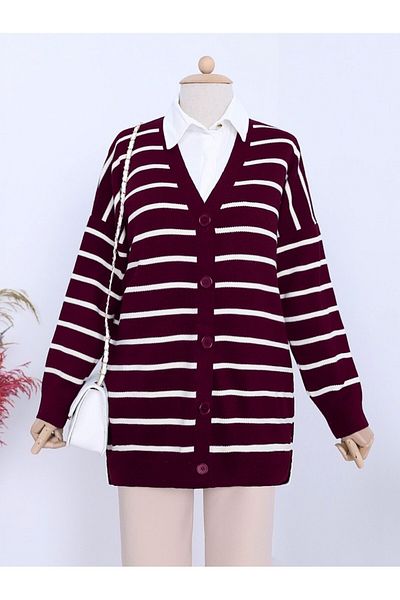 Modamorfo Striped Buttoned V-Neck Sweater Cardigan - Claret Red