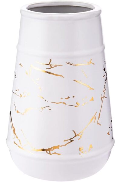 AKDC مزهرية سيراميك 12سم × 12سم × 18سم باللون الأبيض والذهبي
