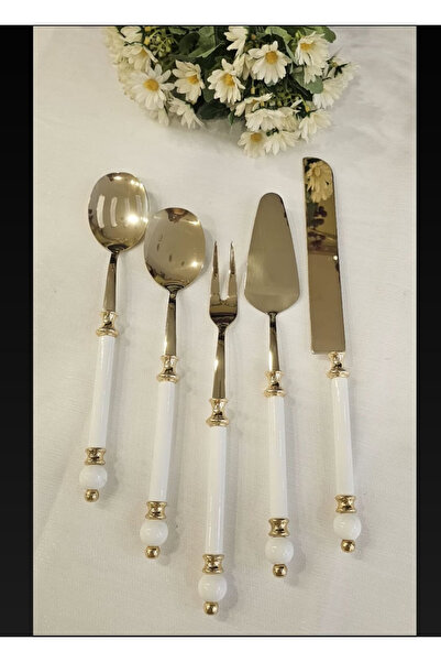 hilya 5 PARÇA TOPUZ DETAYLI PORSELEN SAPLI SERVİS SETİ