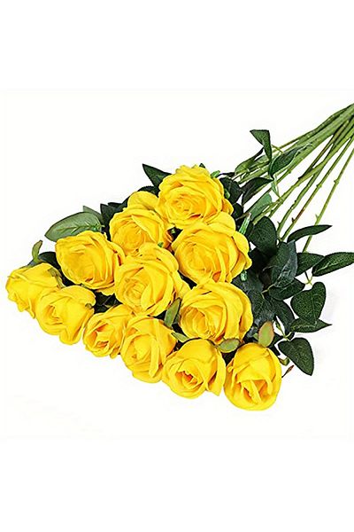 Choice Yellow 12pcs Realistic Artificial Rose Bouquet For Weddings, Birthdays, And More For Floral Arrange