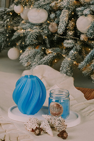 MelDef Dekoratif Tepside Yasemin Kokulu Mum Mavi 3lü Set Spiral Model Hediyelik Mum (12X10)