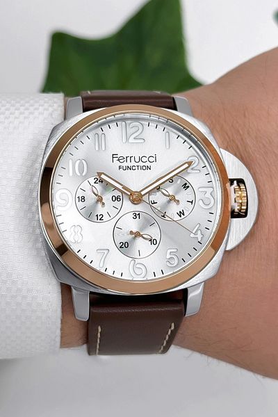 Ferrucci Function Leather Cord Men's Wristwatch 3 Atm- Brown-Rose with Bracelet Gift Zmfer162