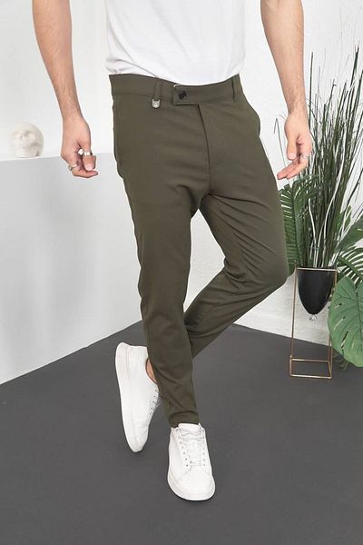 HBT Men's Khaki Slim Fit Lycra Ankle Length Italian Cut Fabric Trousers