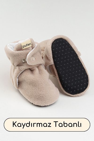 pufien Organic Cotton Lined, Baby First Step Shoes, Non-Slip Sole, Baby Slippers, Beige Booties