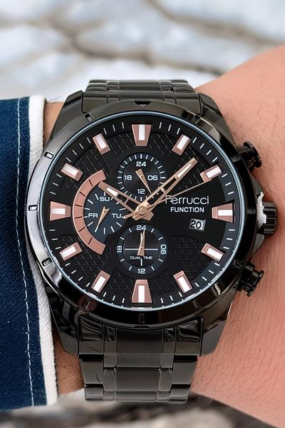 Ferrucci Function Men's Wristwatch - Black Steel Band & Case, 3 Atm Bracelet Gift Zmfer087