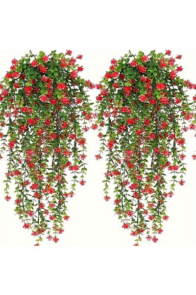 Choice 3pcs Red 3pcs, Artificial Hanging Plants Fake Hanging Plant Faux Eucalyptus Leaf Greenery Vine Outdo