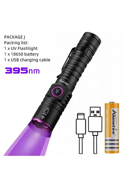 Choice 18650 black UV 395nm Zoom UV LED Flashlight 365 395nm Type-C Charging Invisible Ink Marker Cat Dog U
