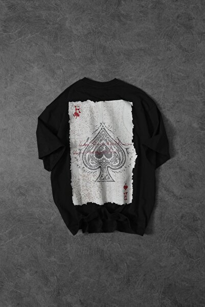 Slatra Men's Black R of Spades Printed Oversize Tshirt