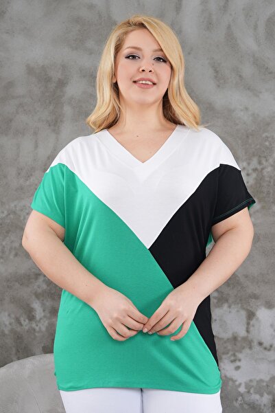 Siyezen Plus Size V-Neck Block Crossing Blouse