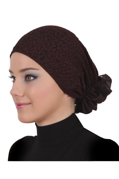 elysianfidan Brokar Tüllü Kahverengi Hazır Türban Tesettür Bone Medikal Kulla...