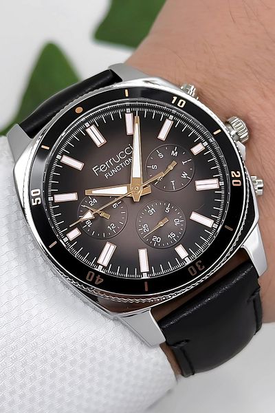 Ferrucci Black-Silver Leather Cord Men's Wristwatch 3 Atm Bracelet with Gift
