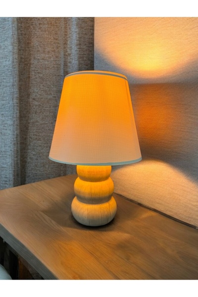 burenze Modern Ağaç Krem Şapkalı El Yapımı Doğal Ahşap Gövde Abajur Masa Lamb...