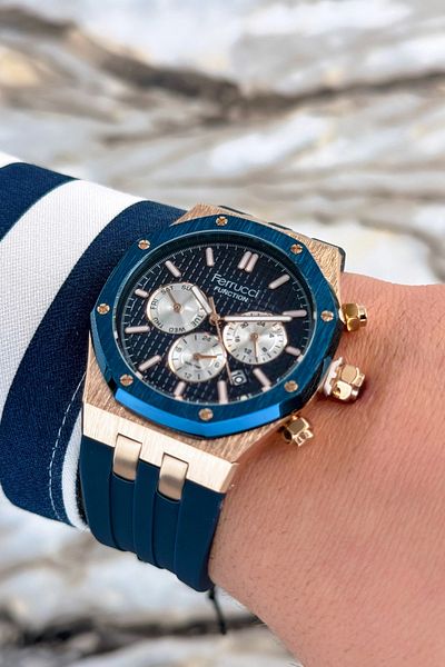 Ferrucci Blue Silicone Cord Steel Case Function Men's Wristwatch Bracelet Zmfer077