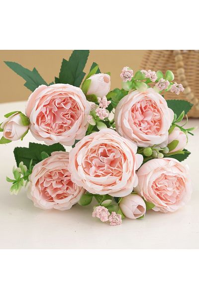 Choice Champagne 30cm Rose Pink Silk Bouquet Peony Artificial Flower 5 Big Head 4 Small Bud Bride Wedding H