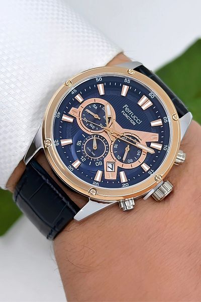 Ferrucci Leather Cord Men's Wristwatch 3 Atm Bracelet Navy Blue-Rose Zmfer165