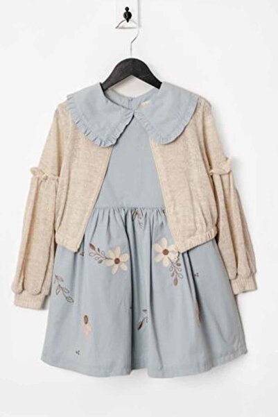 Minigimin Cicileri Синя сукня для дівчинки - комплект з квітковим вишиванням і кардиганом з рукавами-ліхтариками