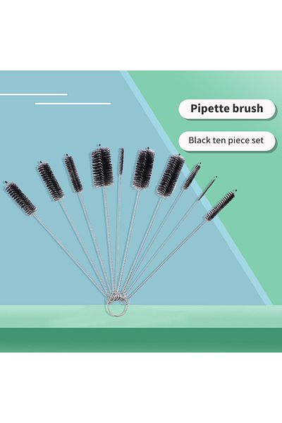 Choice Black G441B Bottle Clean Brush 10pcs Set Stainless Steel Soft Hair Brush Pipette Straws Brush Multip