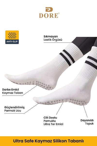 Dore Unisex αντιολισθητικές κάλτσες για Pilates και Yoga - Λευκές πλάκες 1 τεμαχίου, αντιολισθητική σόλα