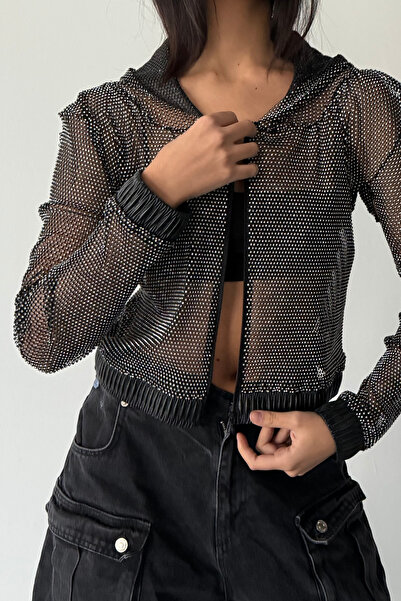 Trend aksesuar Kristal Taşlı Uzun Kollu Kapüşonlu Ceket